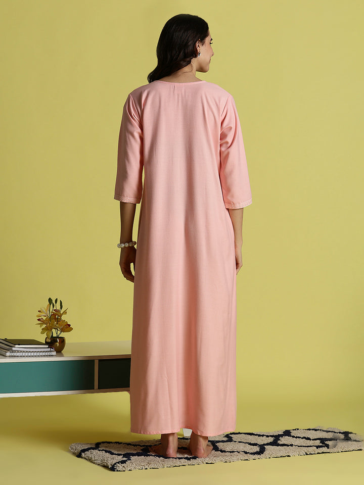 Peach Pink Alpine Embroidered Nighty for Women with Side Pocket