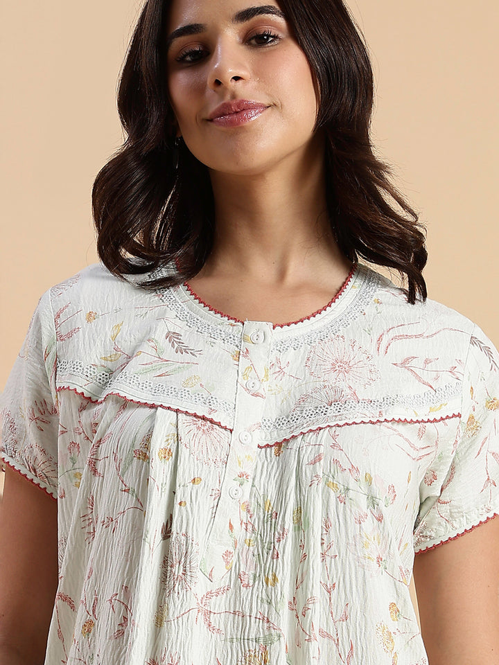 Premium Crush Cotton Pastel Green Floral Nighty with Lace Yoke
