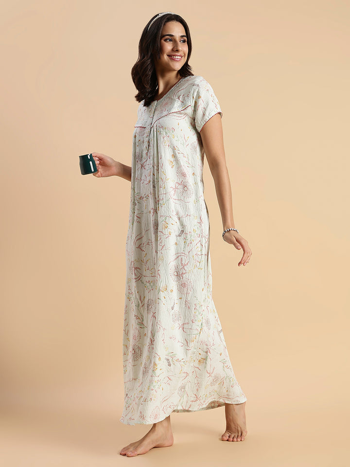 Premium Crush Cotton Pastel Green Floral Nighty with Lace Yoke