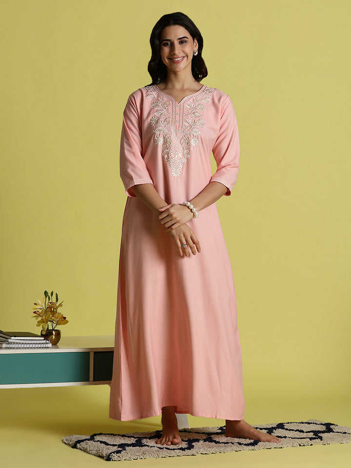 Peach Pink Alpine Embroidered Nighty for Women with Side Pocket