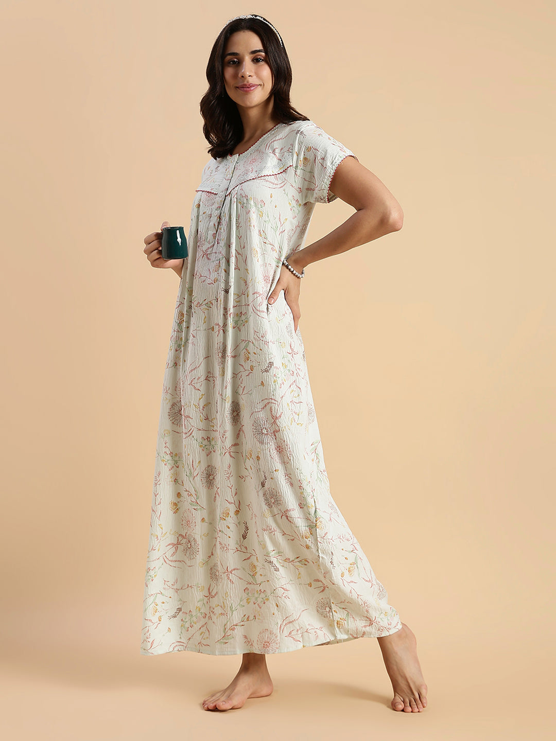 Premium Crush Cotton Pastel Green Floral Nighty with Lace Yoke