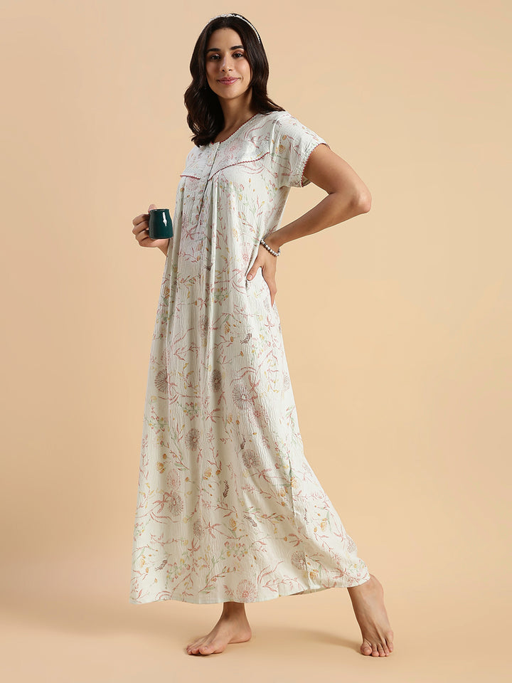 Premium Crush Cotton Pastel Green Floral Nighty with Lace Yoke