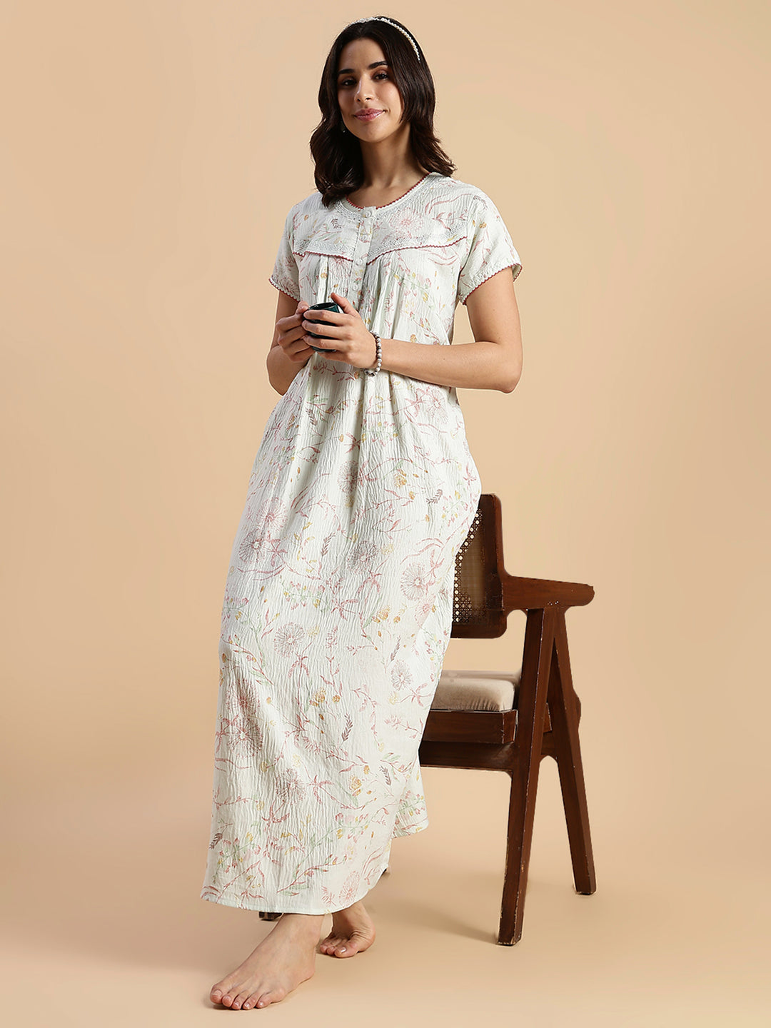 Premium Crush Cotton Pastel Green Floral Nighty with Lace Yoke