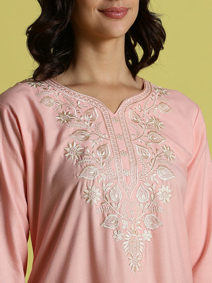 Peach Pink Alpine Embroidered Nighty for Women with Side Pocket