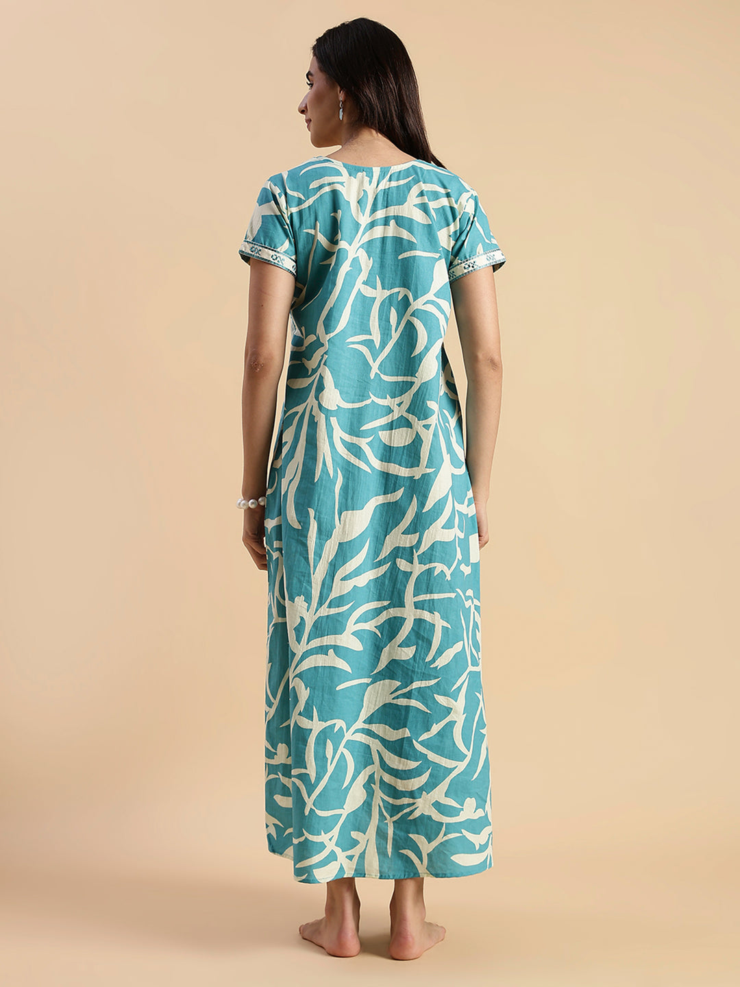 Pure Cotton Leaf Print Designer Nighty for Women Ocean Tide
