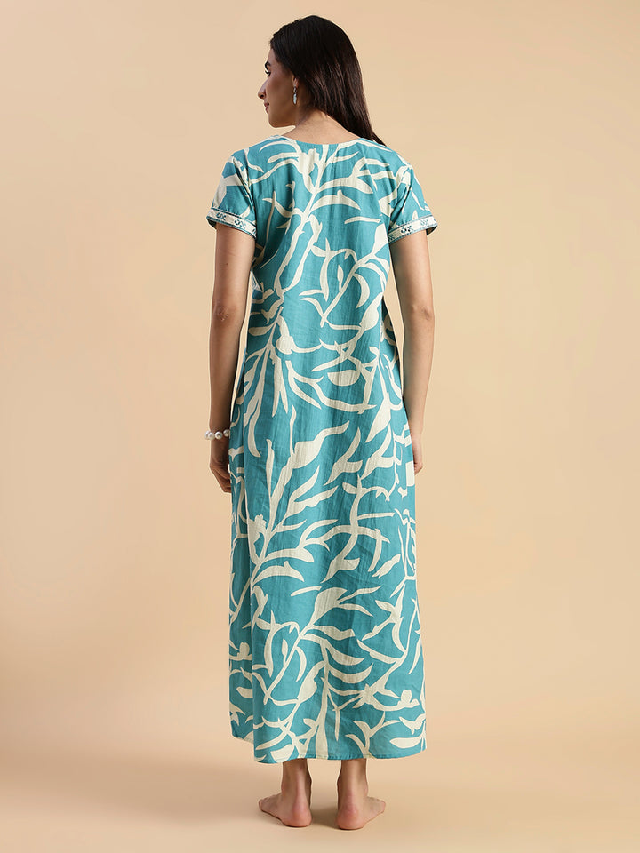 Pure Cotton Leaf Print Designer Nighty for Women Ocean Tide