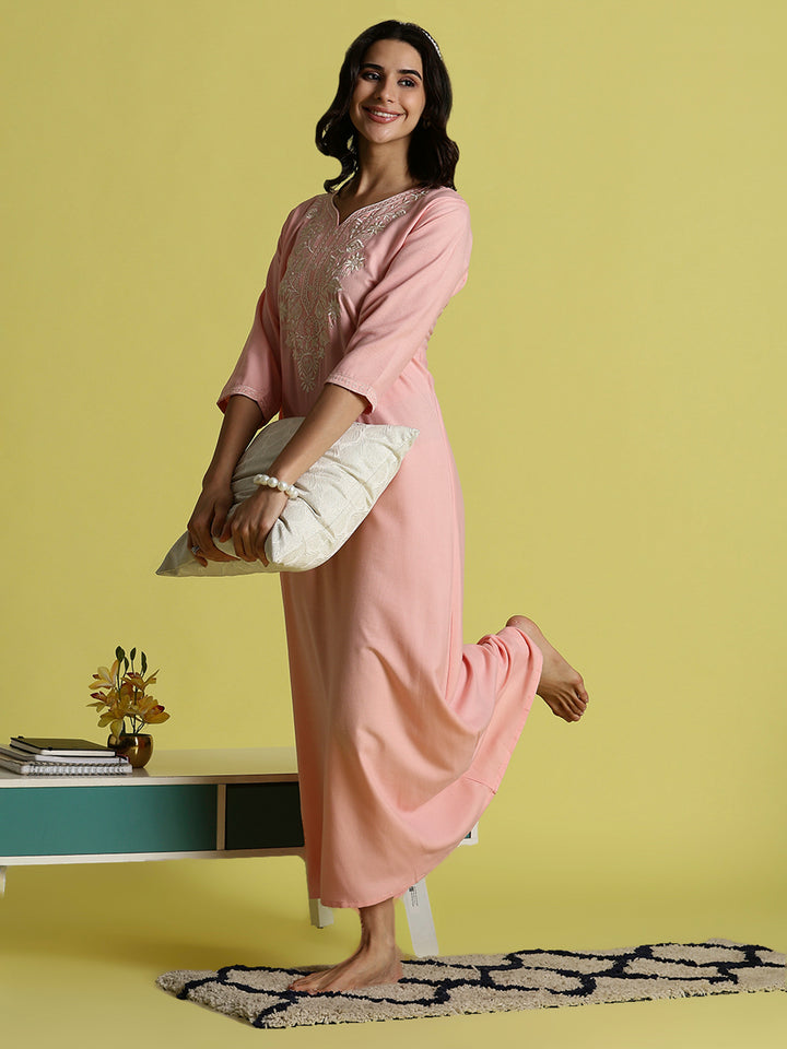 Peach Pink Alpine Embroidered Nighty for Women with Side Pocket
