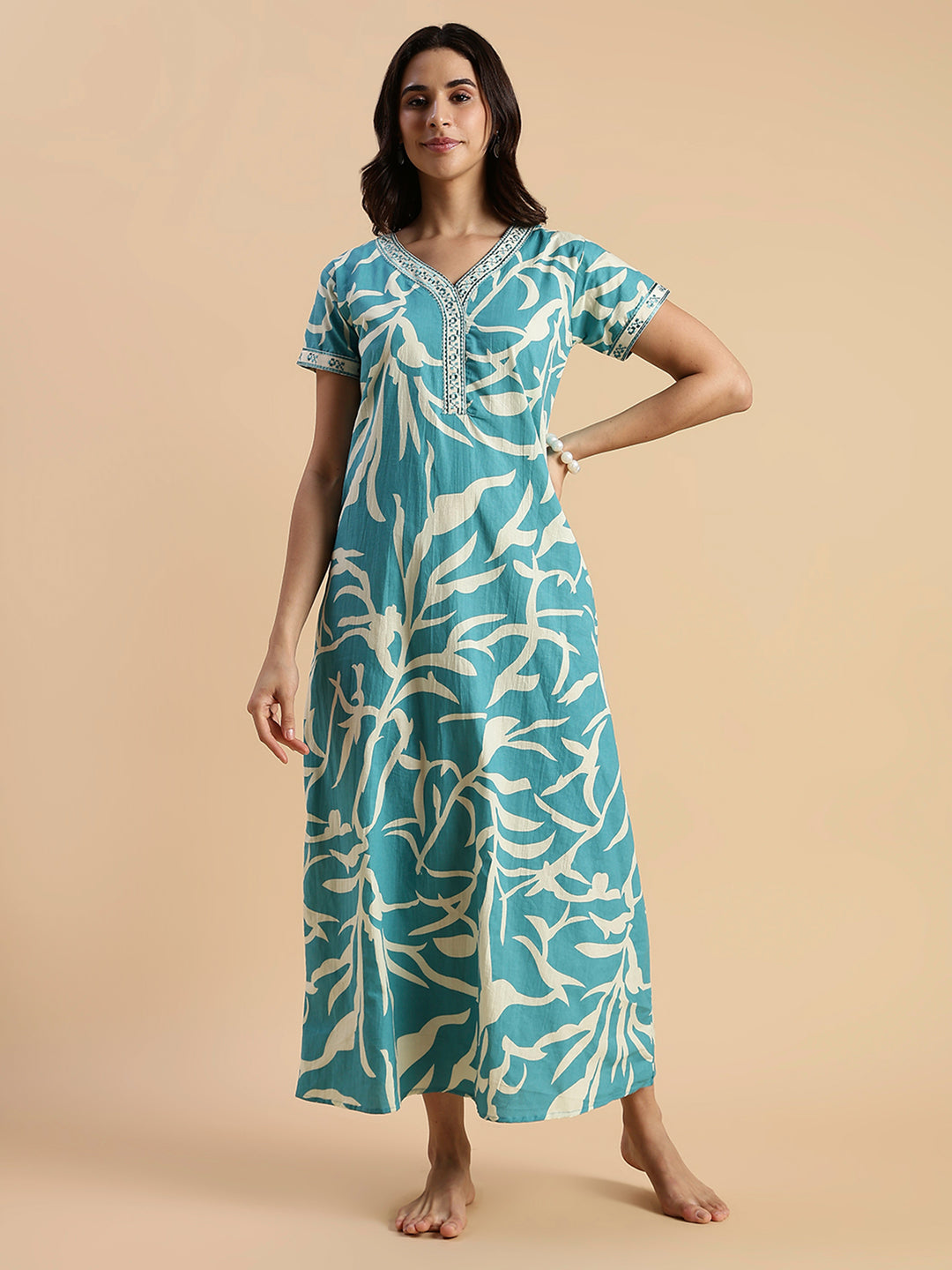 Pure Cotton Leaf Print Designer Nighty for Women Ocean Tide