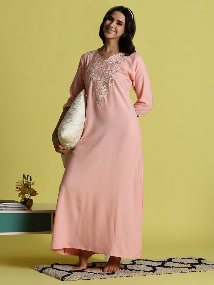 Peach Pink Alpine Embroidered Nighty for Women with Side Pocket