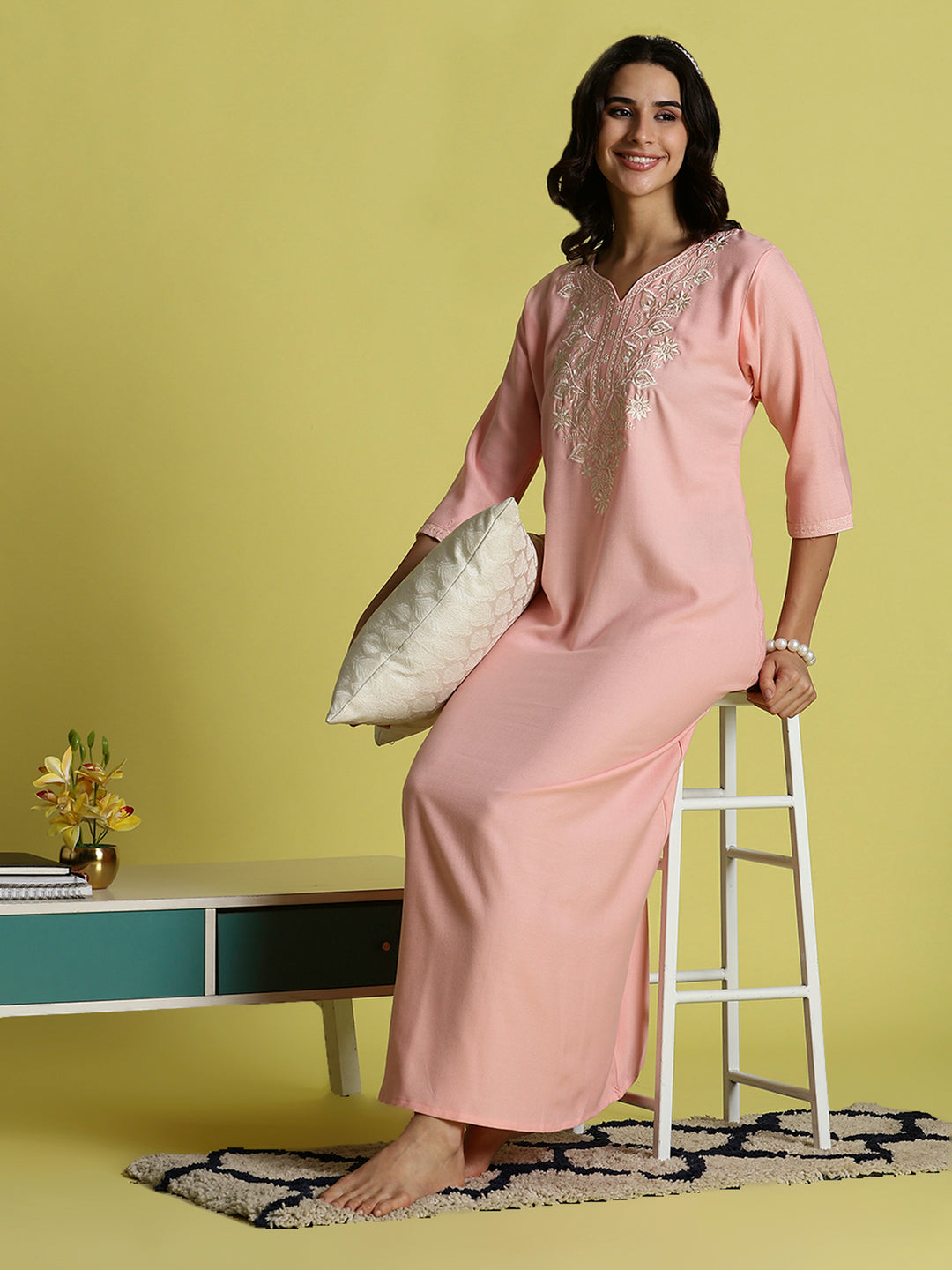 Peach Pink Alpine Embroidered Nighty for Women with Side Pocket