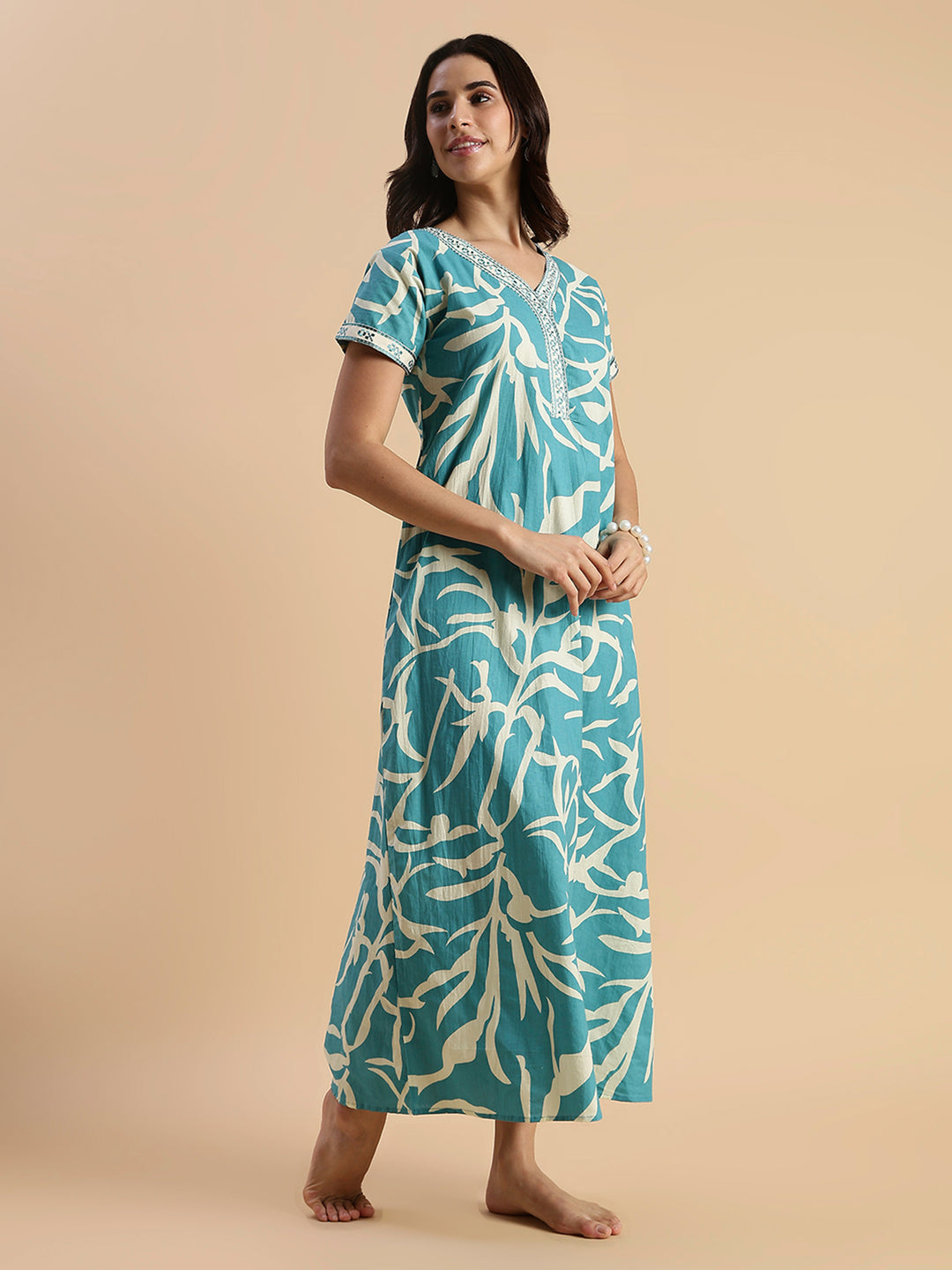 Pure Cotton Leaf Print Designer Nighty for Women Ocean Tide