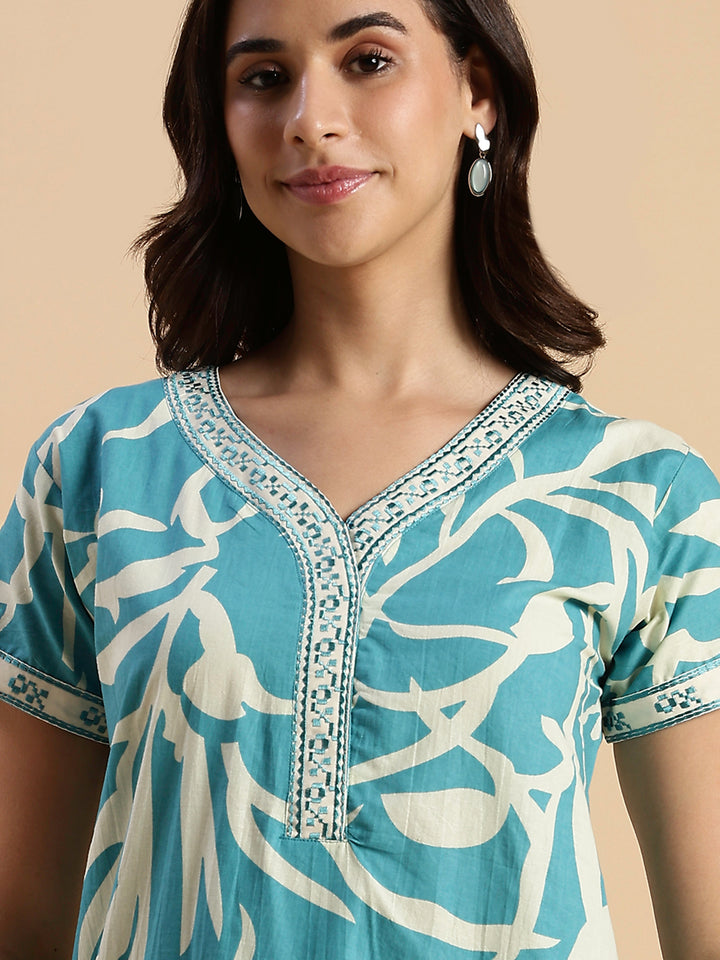 Pure Cotton Leaf Print Designer Nighty for Women Ocean Tide