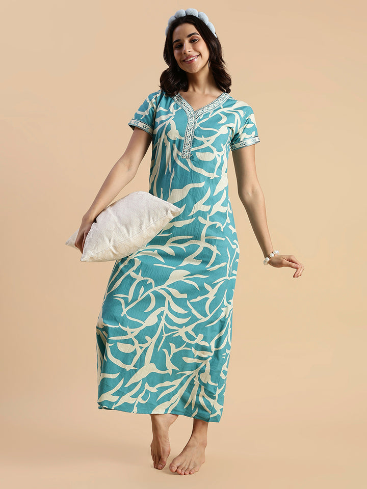 Pure Cotton Leaf Print Designer Nighty for Women Ocean Tide