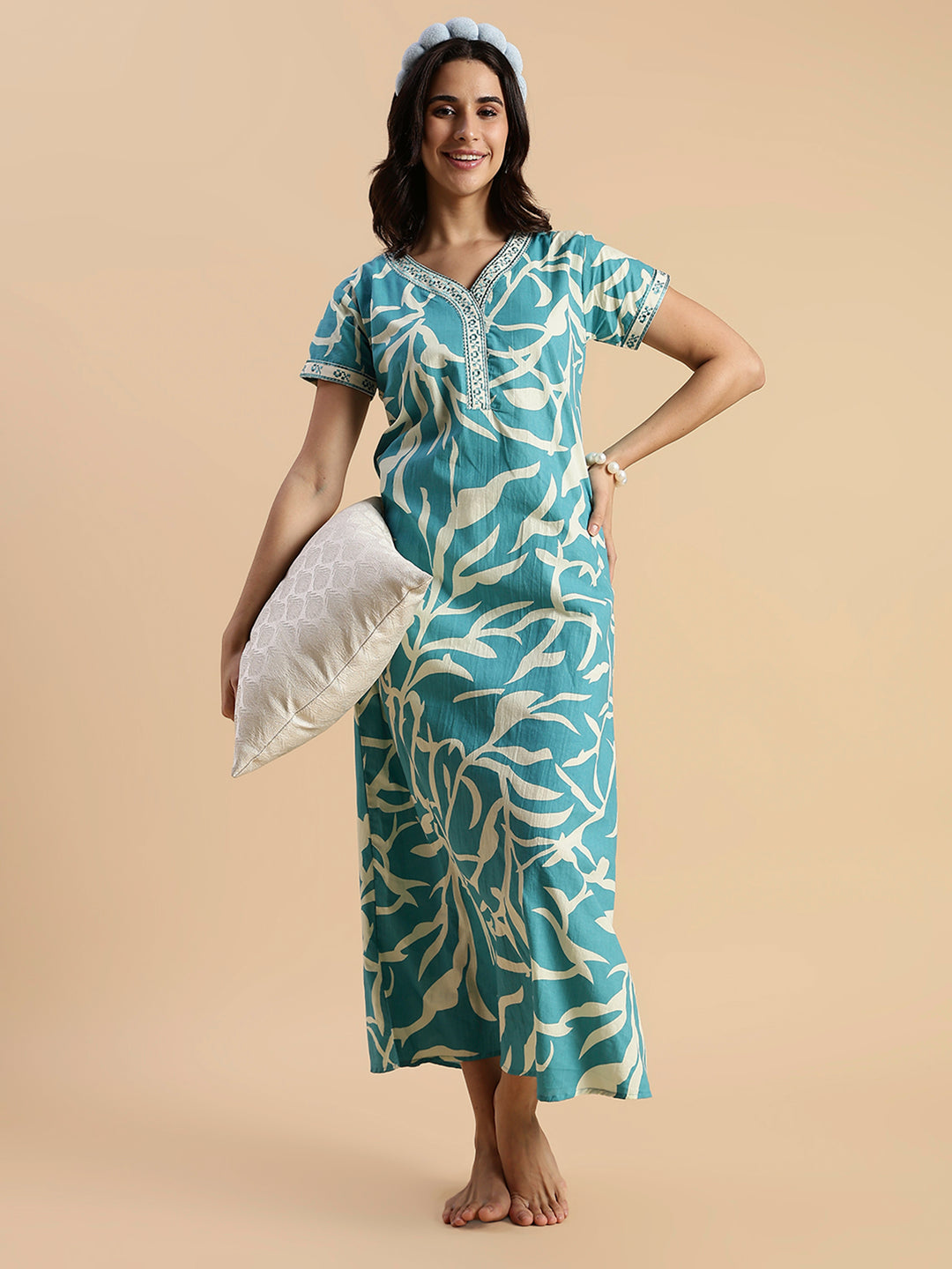 Pure Cotton Leaf Print Designer Nighty for Women Ocean Tide