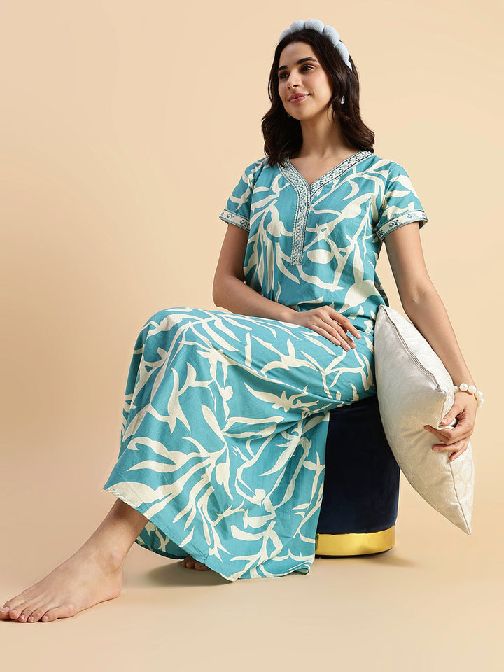 Pure Cotton Leaf Print Designer Nighty for Women Ocean Tide