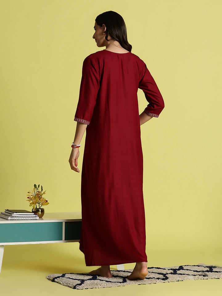 Maroon Alpine Embroidered Nighty for Women with Pocket