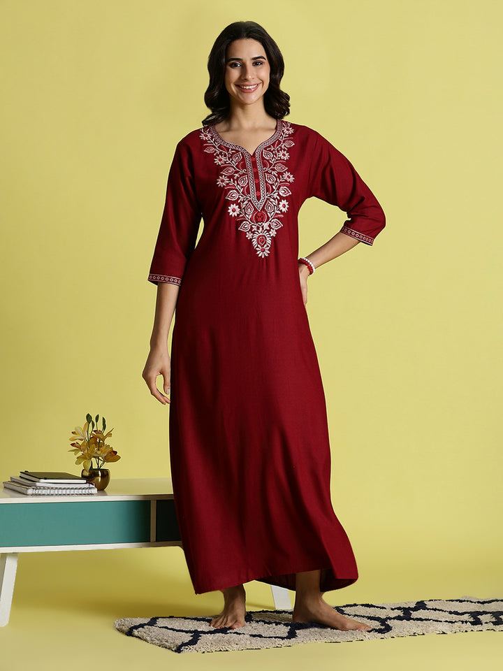 Maroon Alpine Embroidered Nighty for Women with Pocket