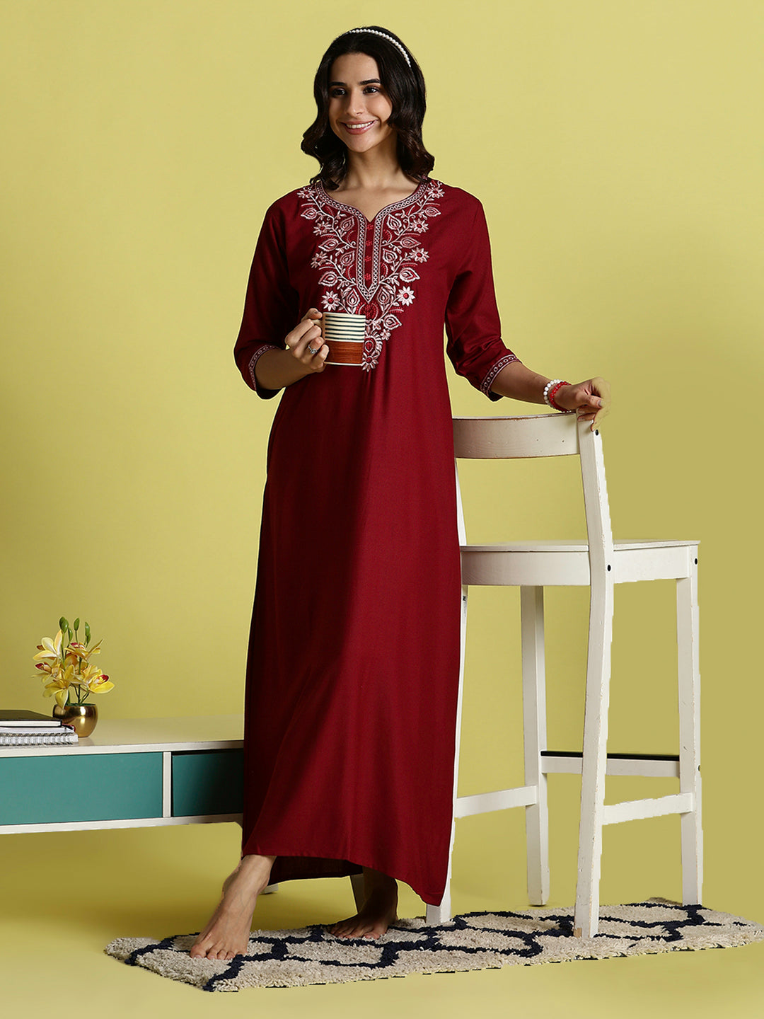 Maroon Alpine Embroidered Nighty for Women with Pocket