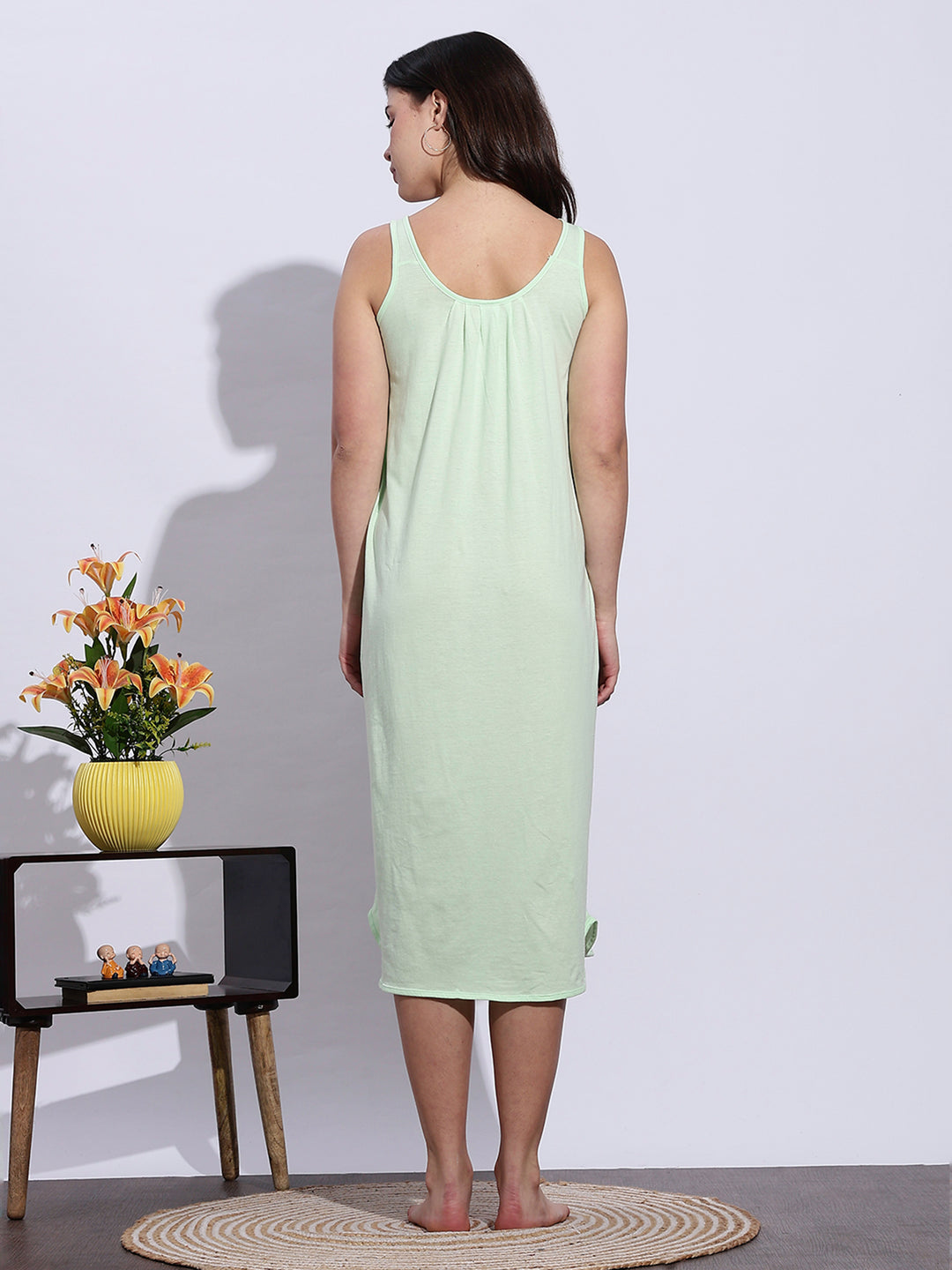 Mint Green Sleeveless A Line Cotton Hosiery Nighty Slip for Women