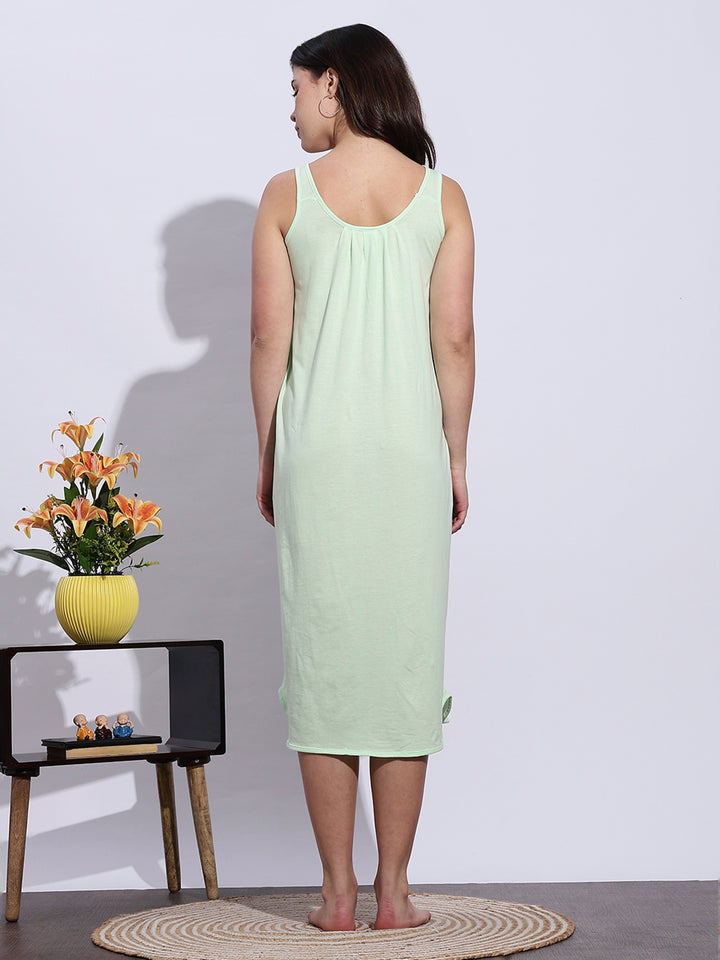 Mint Green Sleeveless A Line Cotton Hosiery Nighty Slip for Women