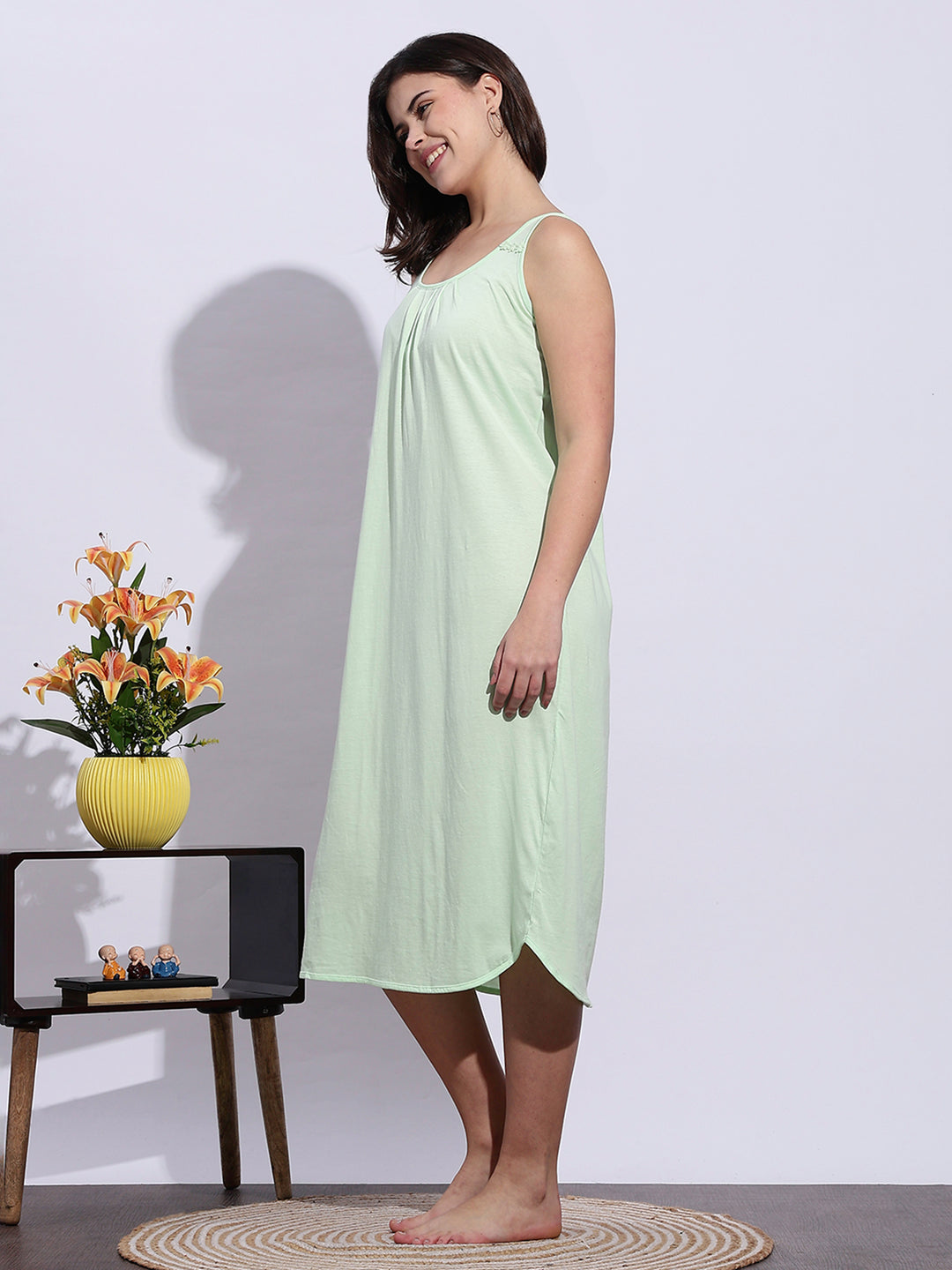 Mint Green Sleeveless A Line Cotton Hosiery Nighty Slip for Women