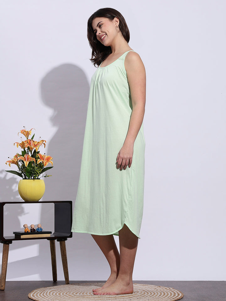 Mint Green Sleeveless A Line Cotton Hosiery Nighty Slip for Women