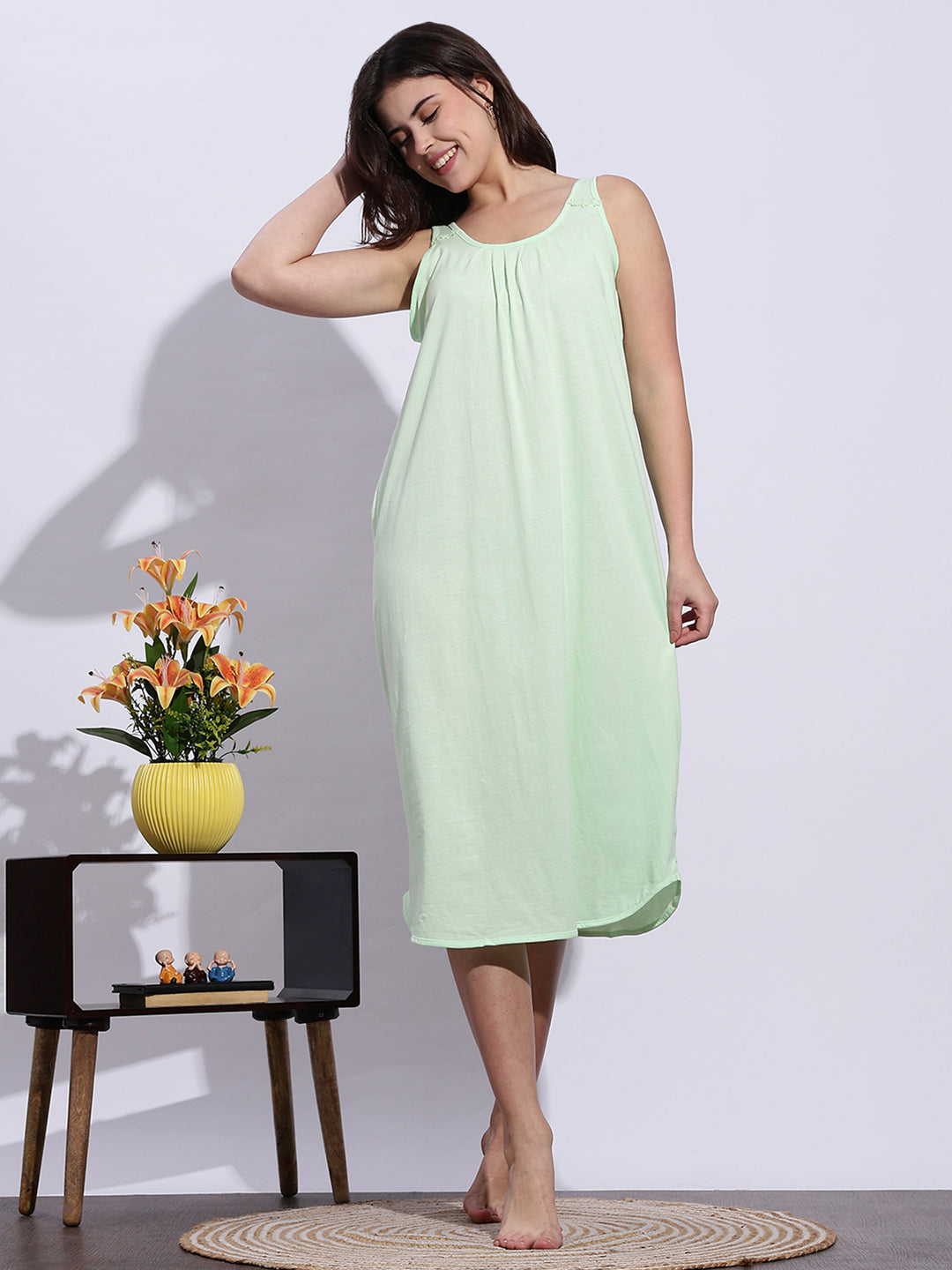 Mint Green Sleeveless A Line Cotton Hosiery Nighty Slip for Women