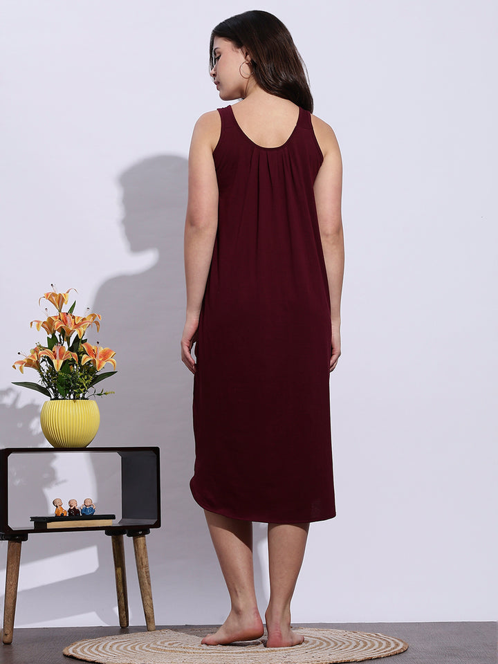 Maroon Sleeveless A Line Hosiery Cotton Nighty Slip for Women