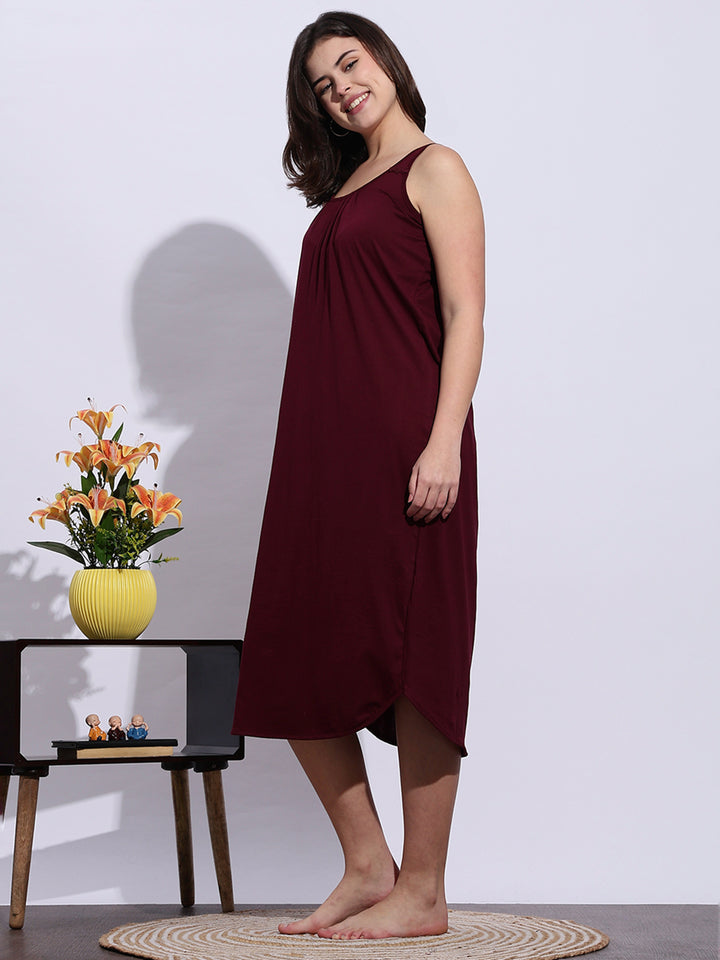 Maroon Sleeveless A Line Hosiery Cotton Nighty Slip for Women
