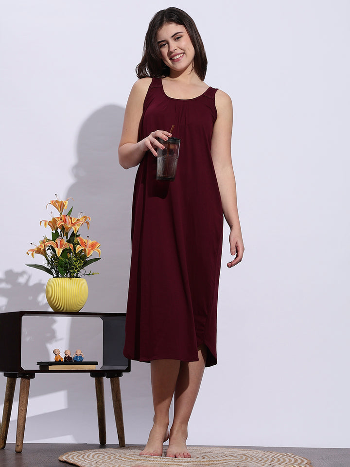 Maroon Sleeveless A Line Hosiery Cotton Nighty Slip for Women
