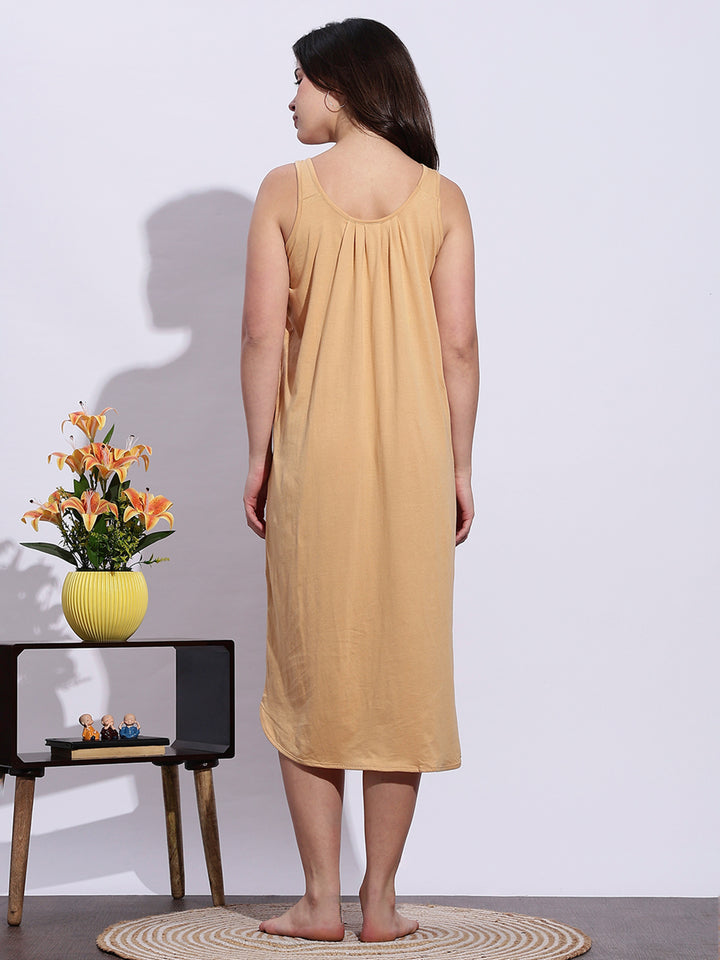 Beige Sleeveless A Line Cotton Hosiery Slip Nightdress for Women