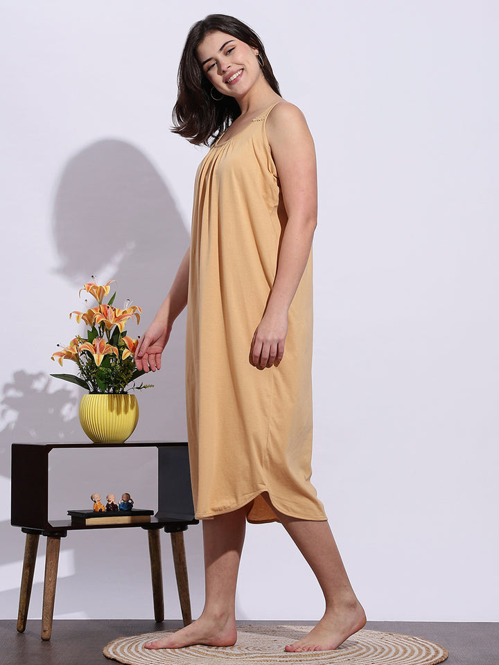 Beige Sleeveless A Line Cotton Hosiery Slip Nightdress for Women