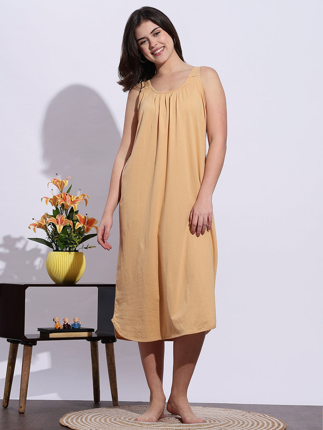 Beige Sleeveless A Line Cotton Hosiery Slip Nightdress for Women