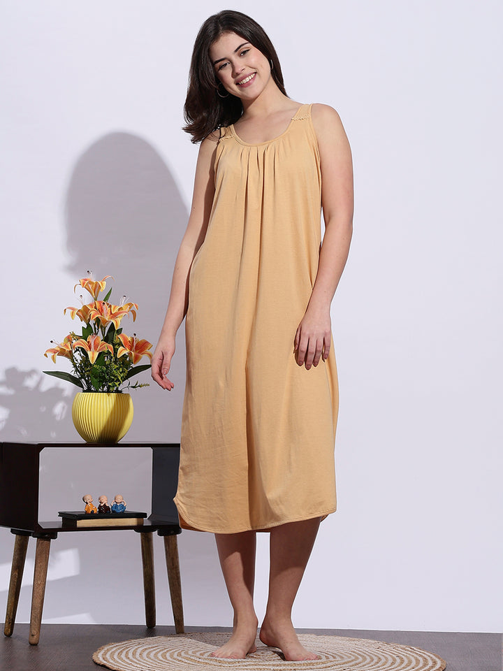 Beige Sleeveless A Line Cotton Hosiery Slip Nightdress for Women
