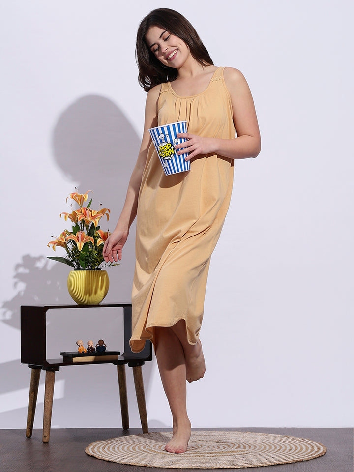 Beige Sleeveless A Line Cotton Hosiery Slip Nightdress for Women