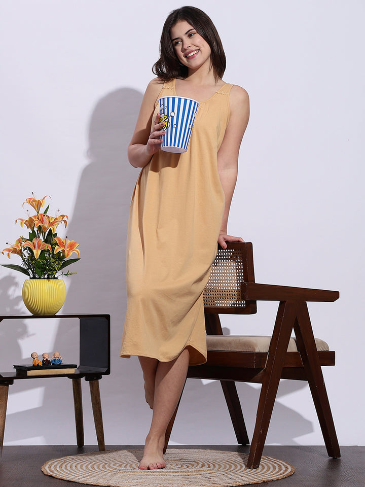 Beige Sleeveless A Line Cotton Hosiery Slip Nightdress for Women