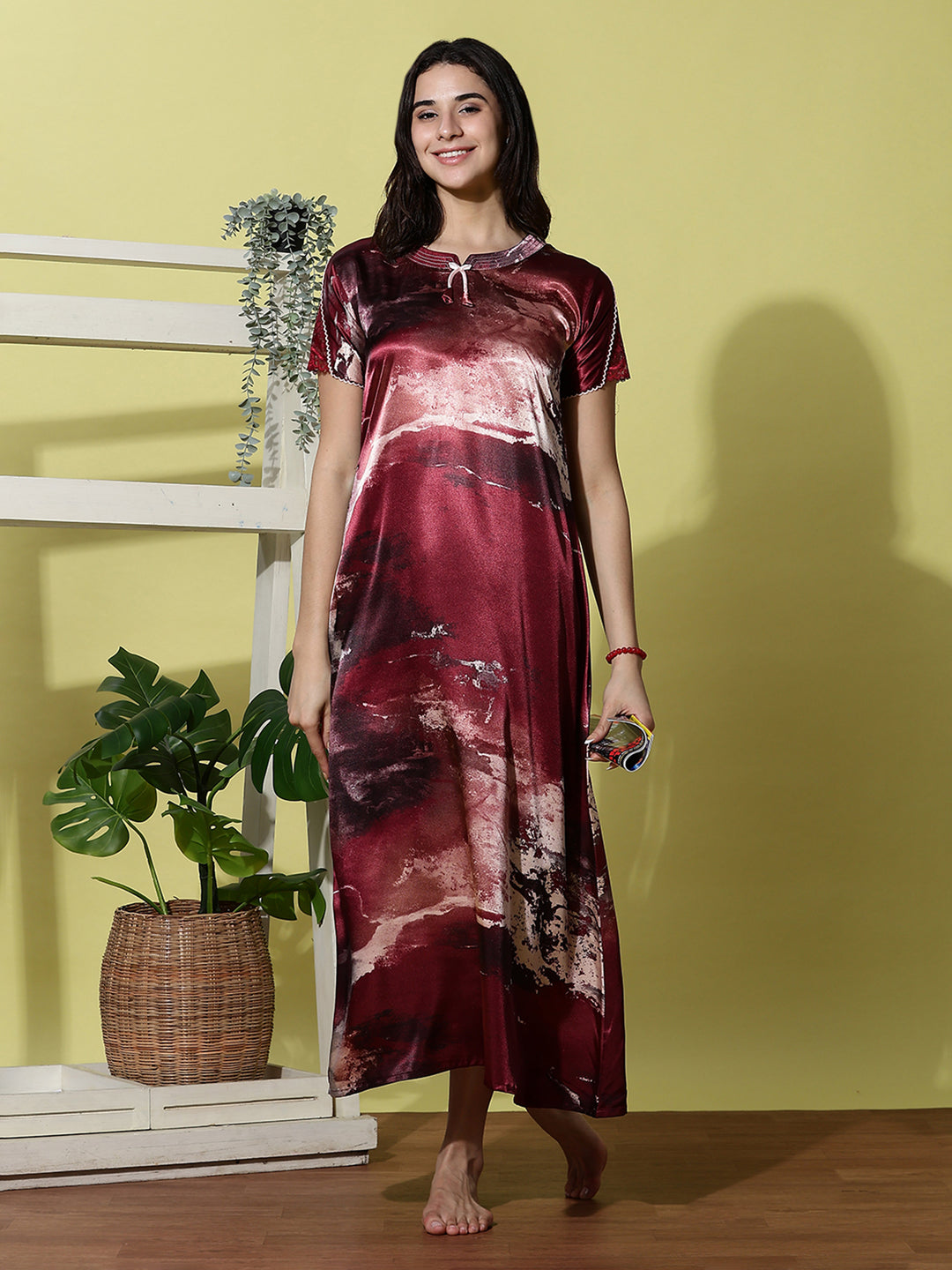 Ruby Smoke Satin Designer Nighty for Women Silky and Luxurious
