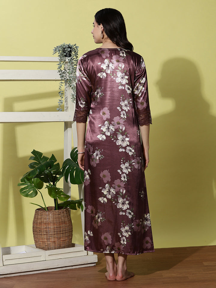 Plum Smoke Floral Satin Nightdress for Women with Lace Sleeves and Sheen Finish