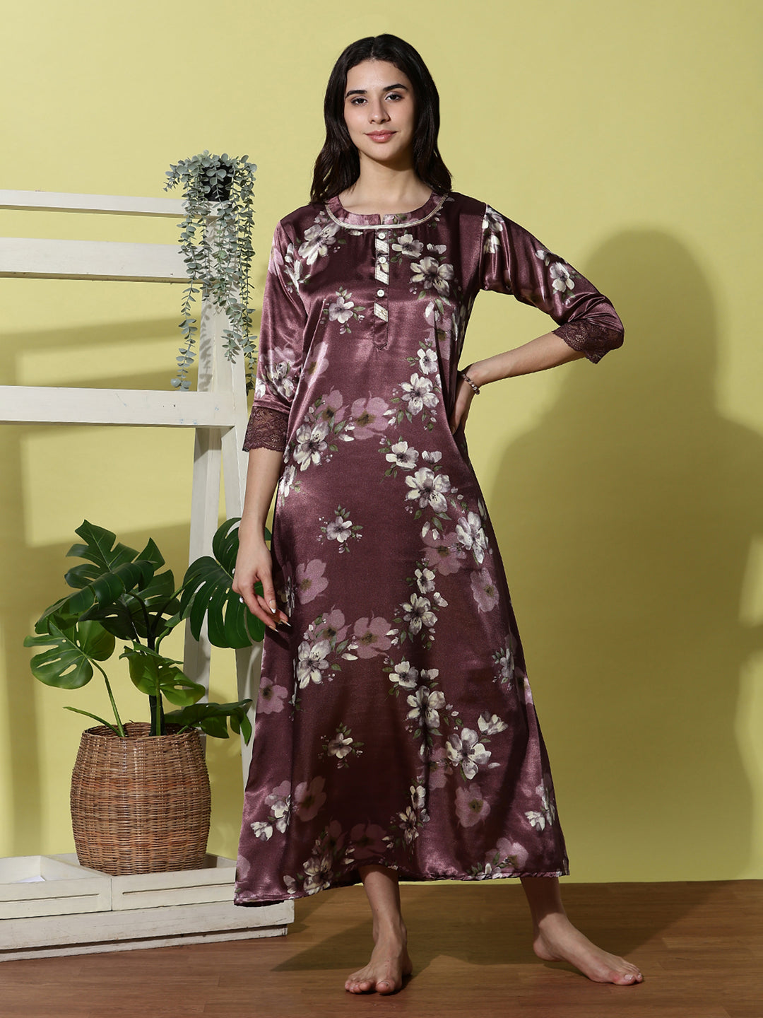 Plum Smoke Floral Satin Nightdress for Women with Lace Sleeves and Sheen Finish
