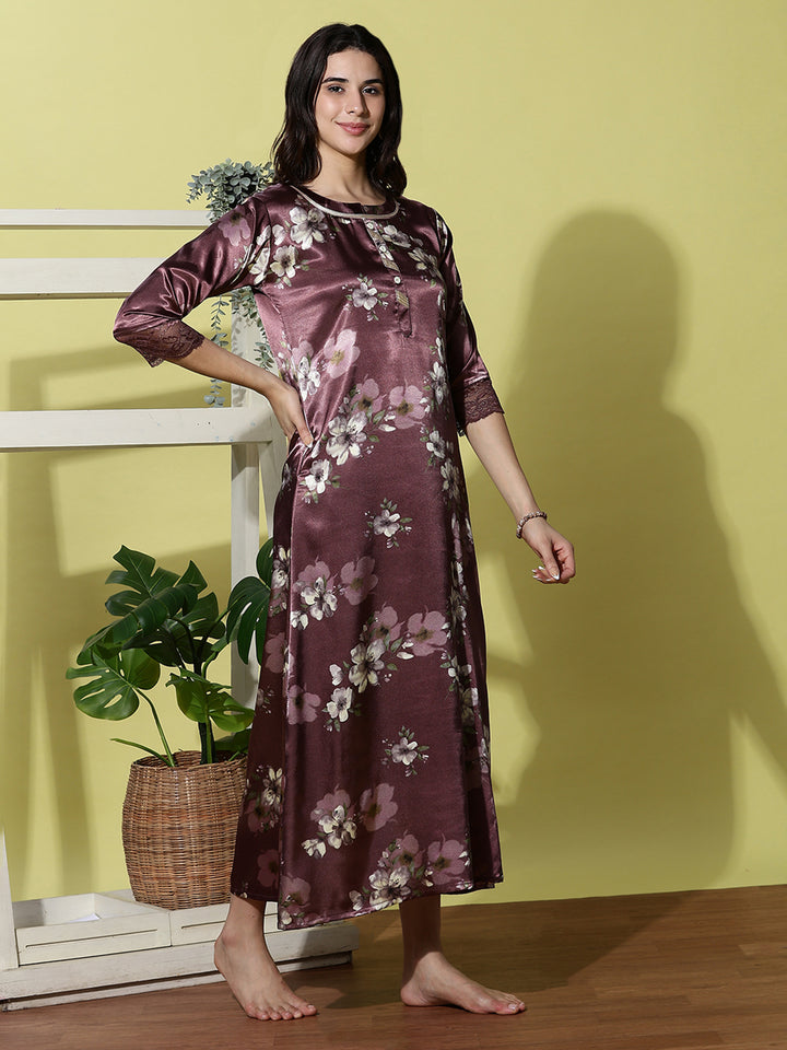 Plum Smoke Floral Satin Nightdress for Women with Lace Sleeves and Sheen Finish