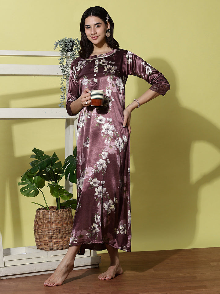 Plum Smoke Floral Satin Nightdress for Women with Lace Sleeves and Sheen Finish