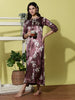 Plum Smoke Floral Satin Nightdress for Women with Lace Sleeves and Sheen Finish