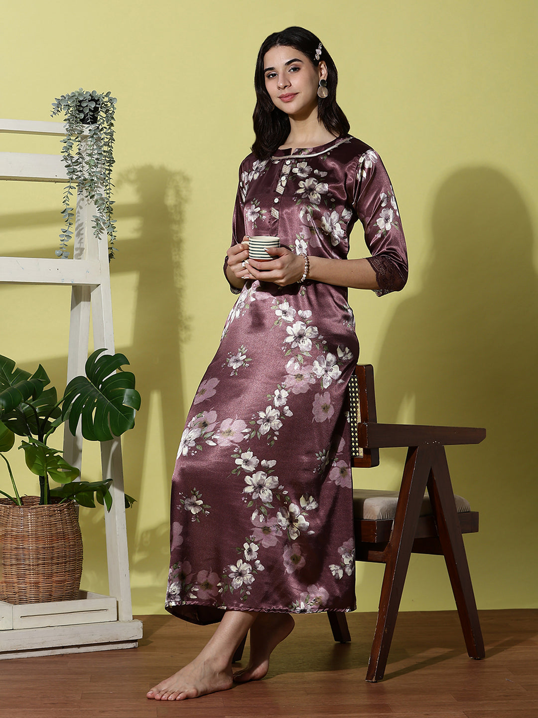 Plum Smoke Floral Satin Nightdress for Women with Lace Sleeves and Sheen Finish
