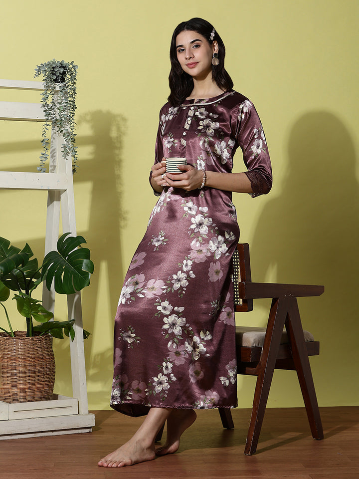 Plum Smoke Floral Satin Nightdress for Women with Lace Sleeves and Sheen Finish