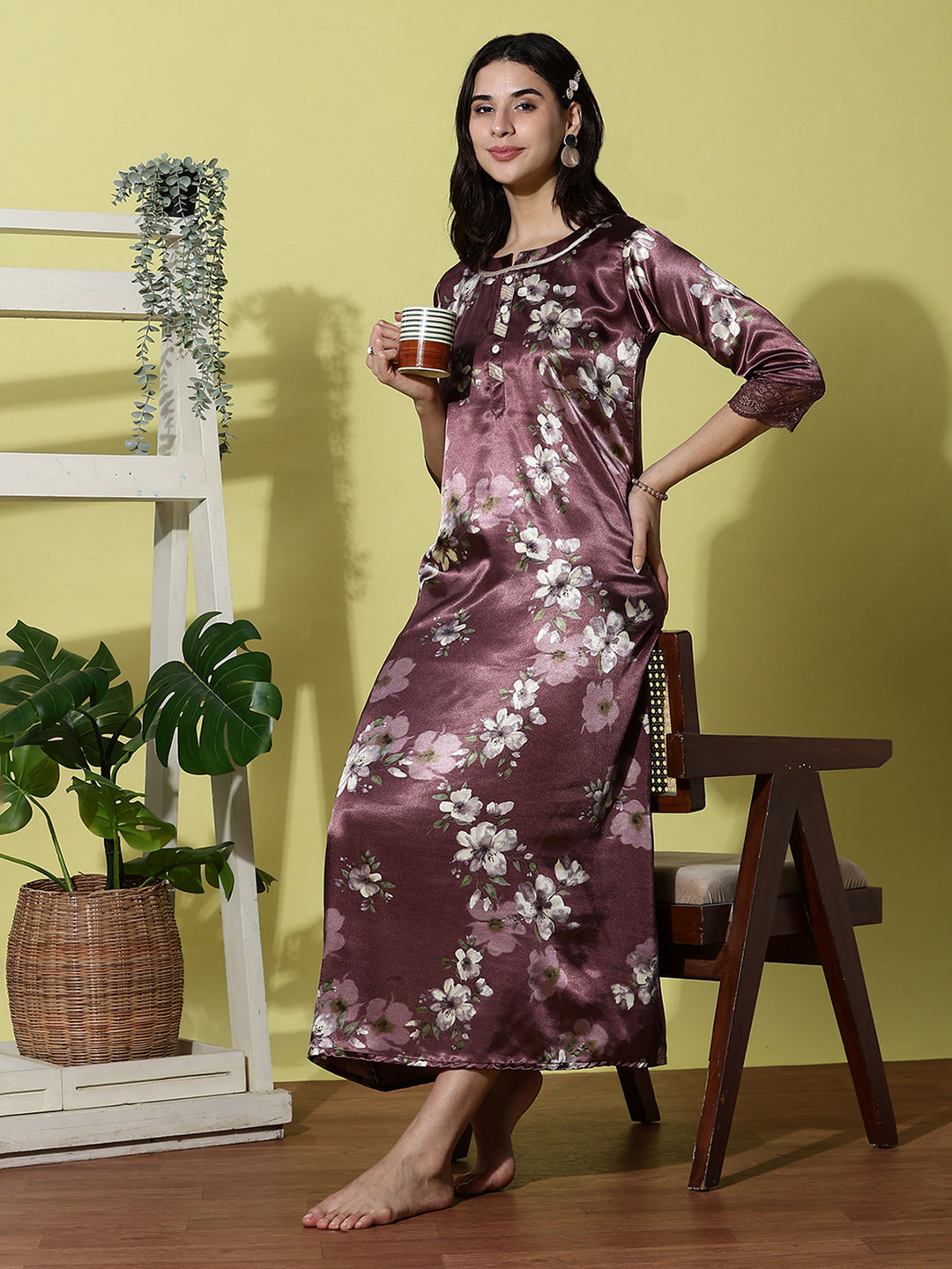 Plum Smoke Floral Satin Nightdress for Women with Lace Sleeves and Sheen Finish