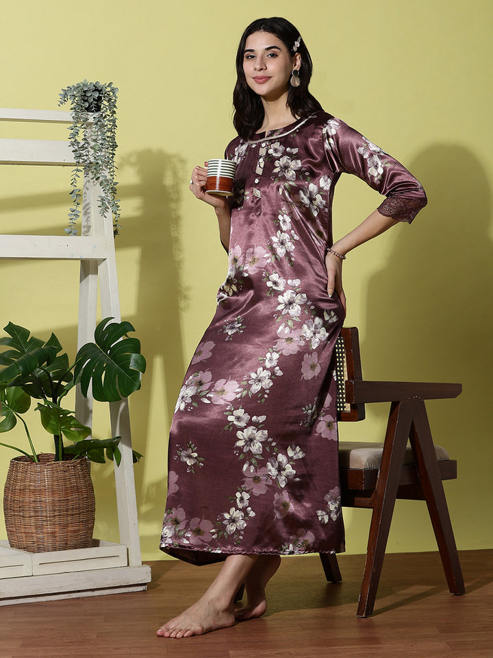 Plum Smoke Floral Satin Nightdress for Women with Lace Sleeves and Sheen Finish