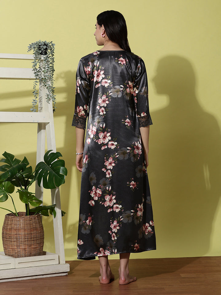 Dark Slate Satin Floral Nightdress for Women with Elegant Lace Detailing