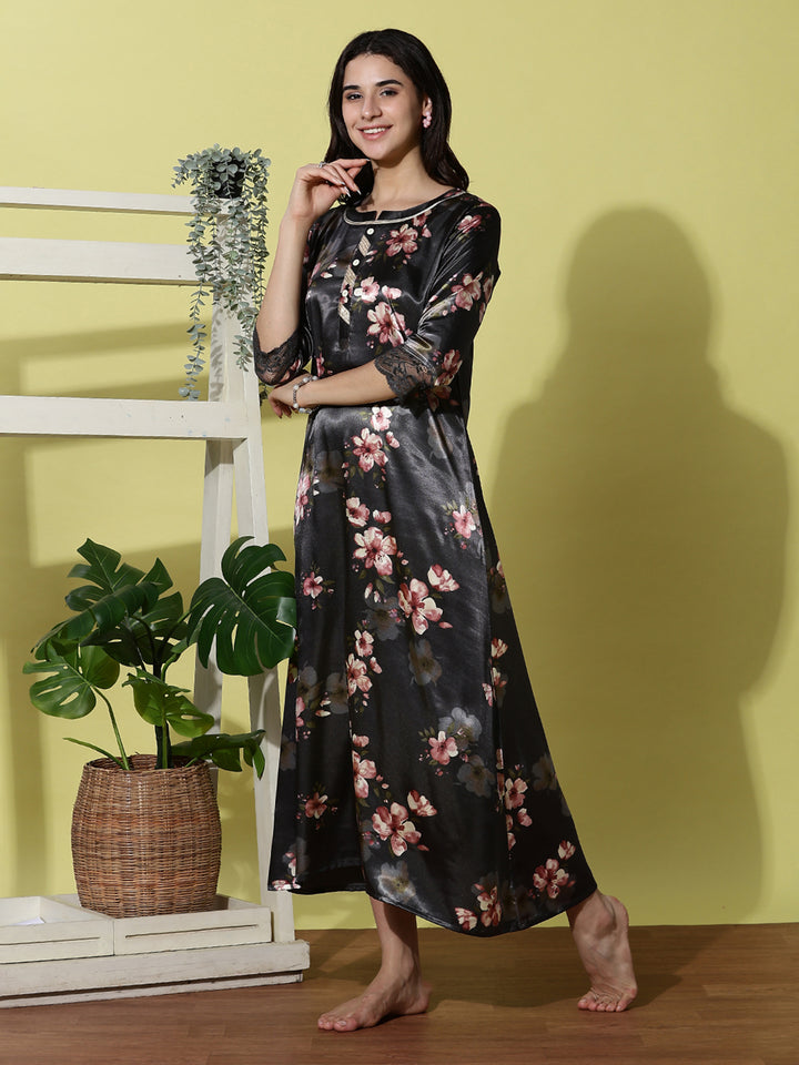 Dark Slate Satin Floral Nightdress for Women with Elegant Lace Detailing