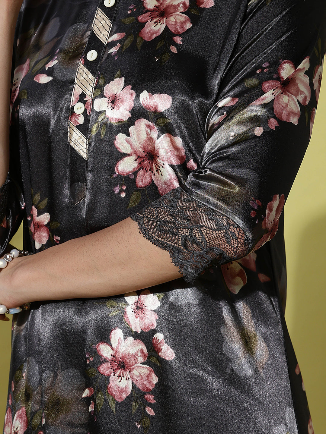 Dark Slate Satin Floral Nightdress for Women with Elegant Lace Detailing