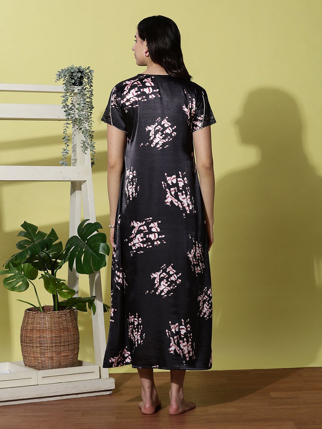 Smoke Black Velour Satin Nightdress for Women Soft and Stylish